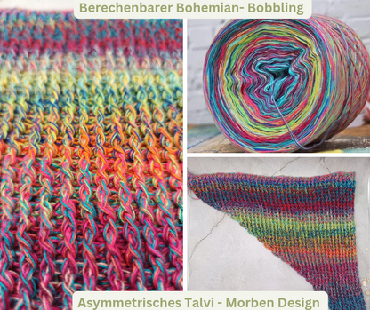 Hier ist auf der linken Seite der verhäkelte Bobbel "Berechenbare Bohemian" zu sehen, während auf der rechten oberen Seite der Bobbel und auf der rechten unteren noch einmal ein kleineres Muster  zu sehen ist.